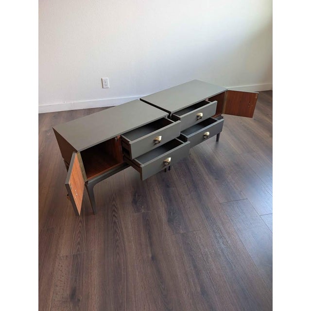 1960s Mid Century Modern Pair of Grey Nightstands W/ Amazing Brass Hardware For Sale - Image 5 of 10