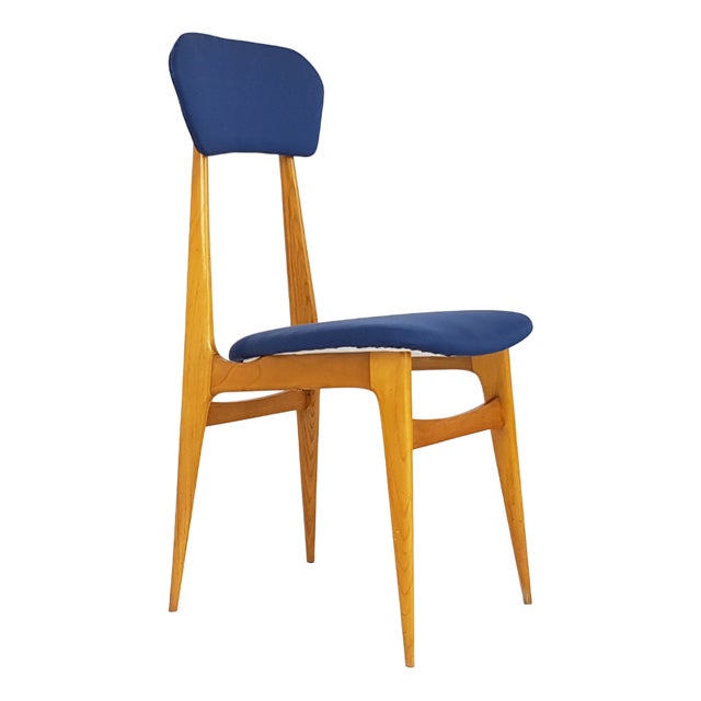 Mid-Century Modern Italian Wooden and Blue Fabric Chair, 1950s For Sale