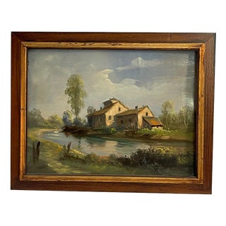 Tessari, Farmhouse on the River, 19th Century, Oil Painting on Panel, Framed For Sale