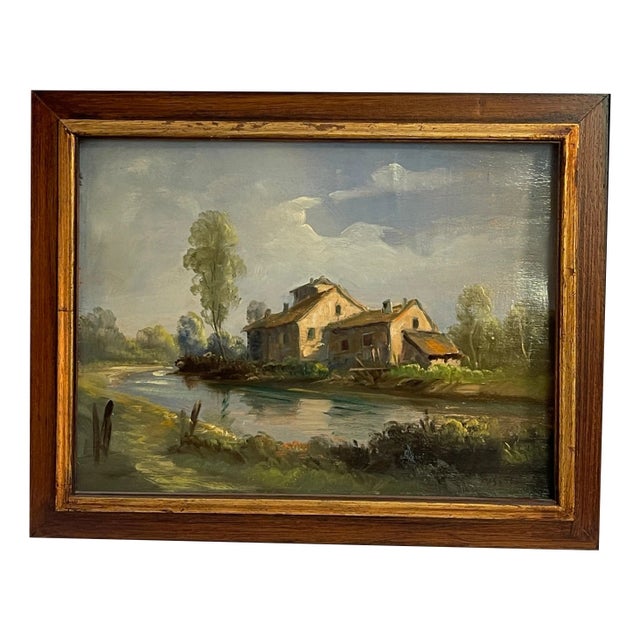 Tessari, Farmhouse on the River, 19th Century, Oil Painting on Panel, Framed For Sale