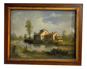 Tessari, Farmhouse on the River, 19th Century, Oil Painting on Panel, Framed