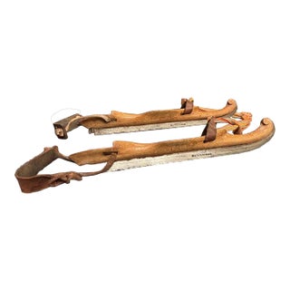 Pair of Antique 19th Century Dutch Wood Ice Skates With Hand Forged Blades For Sale