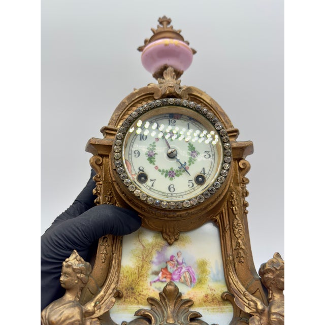 1900 - 1909 Antique New Haven Mantle Clock, French Porcelain Egg Urn Set For Sale - Image 5 of 10