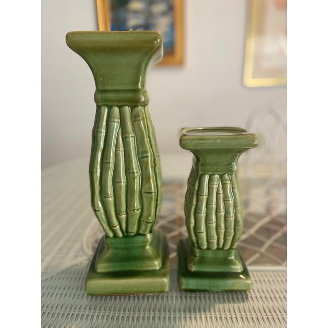 Offered is a stunning pair of vintage green glazed faux bamboo candle holders. They were acquired from an estate in South...