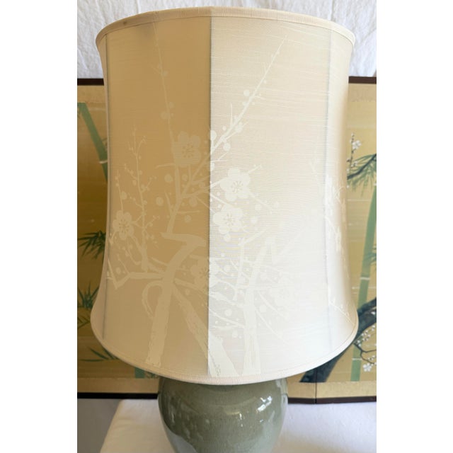 Wood Exquisite Vintage Chinoiserie Celadon Crackle Glaze Stoneware Ginger Jar Table Lamps With Cherry Blossom Shades - A Pair For Sale - Image 7 of 11