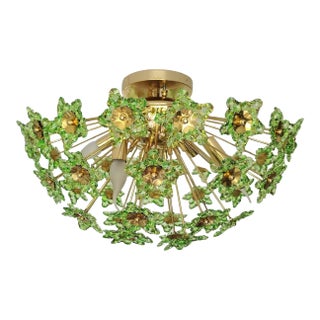 1980s Flush Mount Vintage Green Crystals Chandelier Lighting For Sale