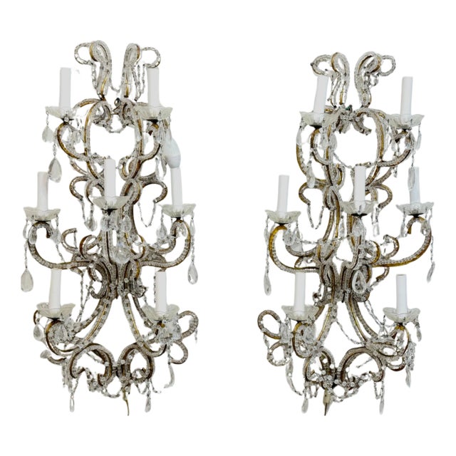 Large Pair of Maria Theresa Style Crystal 7-Light Wall Sconces, Italy Circa 1950 For Sale