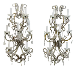 Large Pair of Maria Theresa Style Crystal 7-Light Wall Sconces, Italy Circa 1950