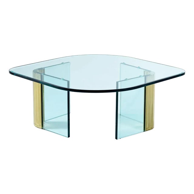 Modern Pace Collection Glass and Scalloped Brass Navette Oval Coffee Table For Sale