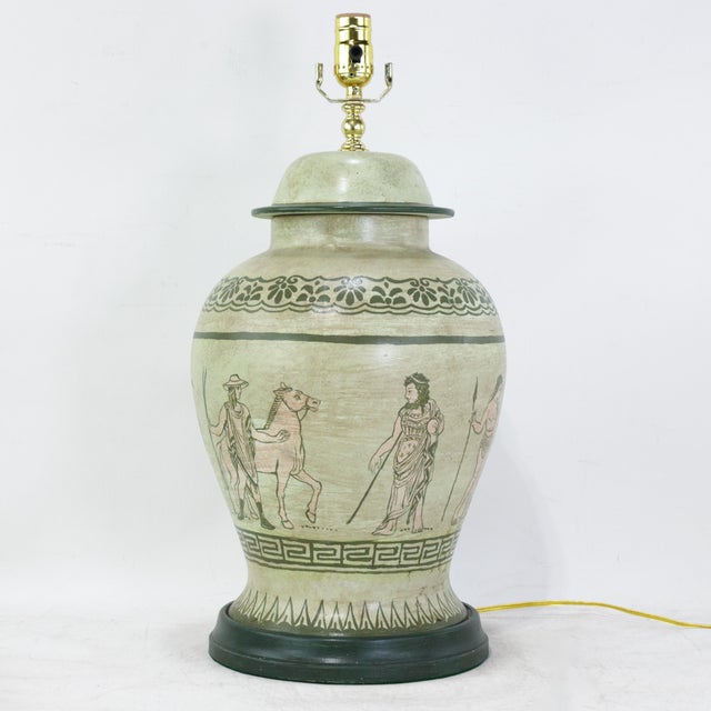 Pair of Vintage Hand-Painted Neoclassical Greek Revival Ceramic Temple Jar Table Lamps For Sale - Image 10 of 15