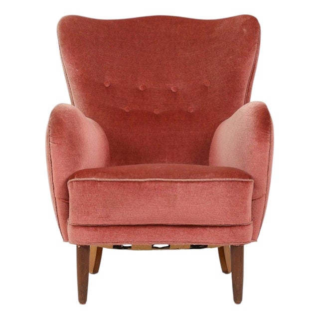 1930s Danish Lounge Chair in Original Rose Velour For Sale
