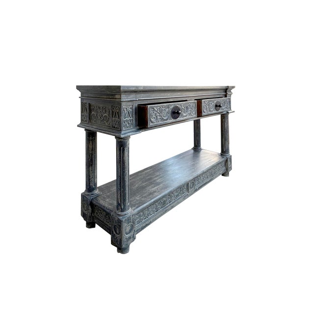 Abstract Distressed Black Gray Relief Floral Motif Tall Credenza Console Cabinet For Sale - Image 3 of 9