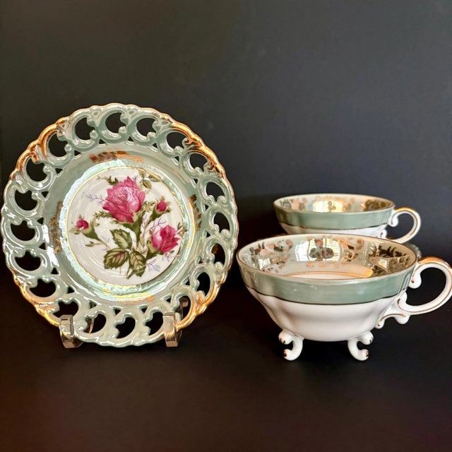 1940s Vintage Royal Sealy Teacup Trio: Iridescent Green China With Pink Roses - Set of 3 Cups & 3 Saucers For Sale - Image 5 of 10
