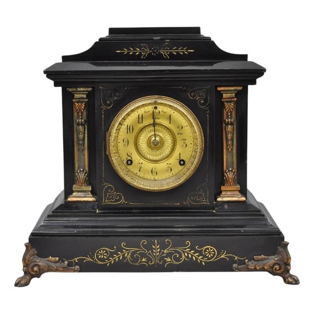 Antique Ansonia Black Mantel Clock With Bronze Coated Columns and Claw Feet For Sale
