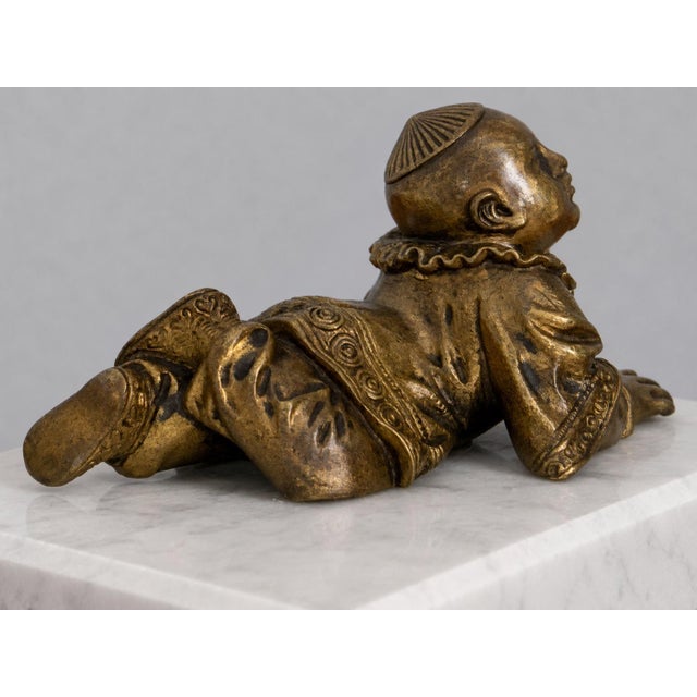 Bronze 19th Century Japanese Meiji Bronze Reclining Karako Boy Okimono With Articulated Fan For Sale - Image 8 of 12