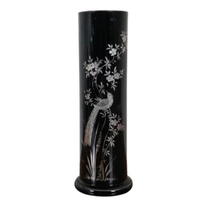 Antique Czechoslovakian Black Glass Silver Overlay Floral Bird Vase