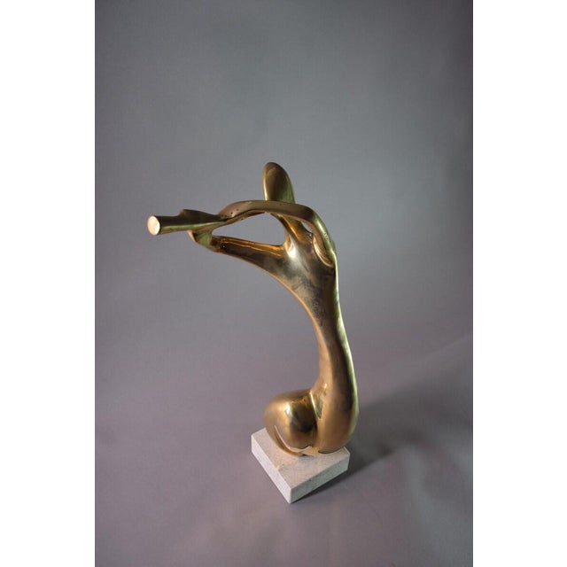 Vintage Brass Musician Sculpture, Abstract Art Deco Style Figure, Travertine Base, 1980s For Sale - Image 4 of 10
