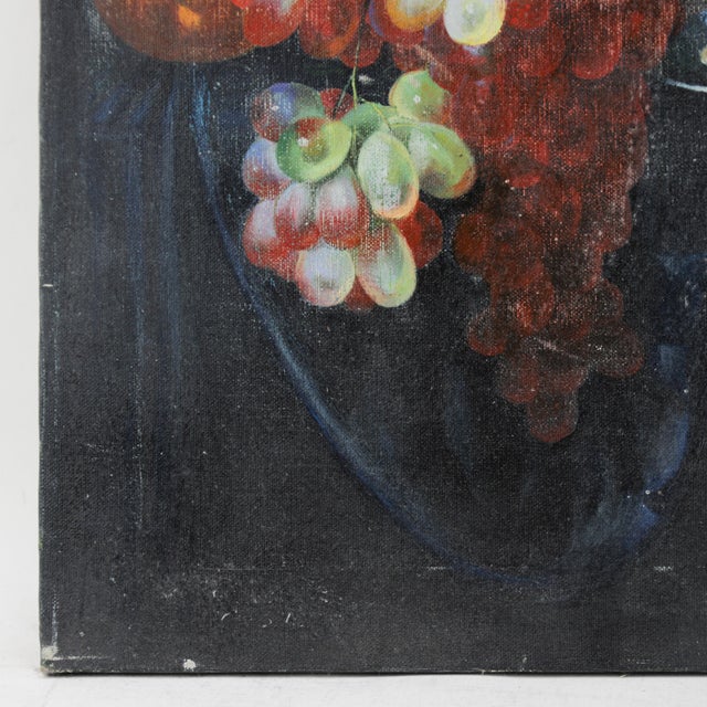 Vintage Dark Still Life Oil Painting of Grapes, Orange, and Shells For Sale - Image 4 of 12