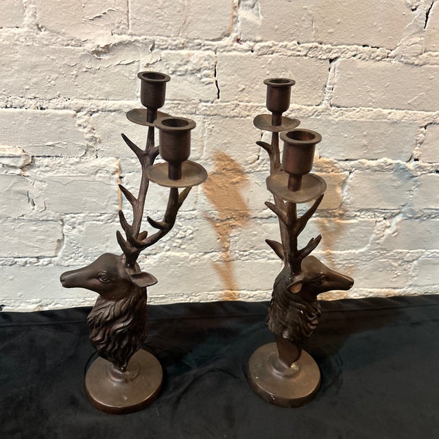 1980s Rustic Alpine Stag Candleholders- Set of 2 For Sale - Image 6 of 7