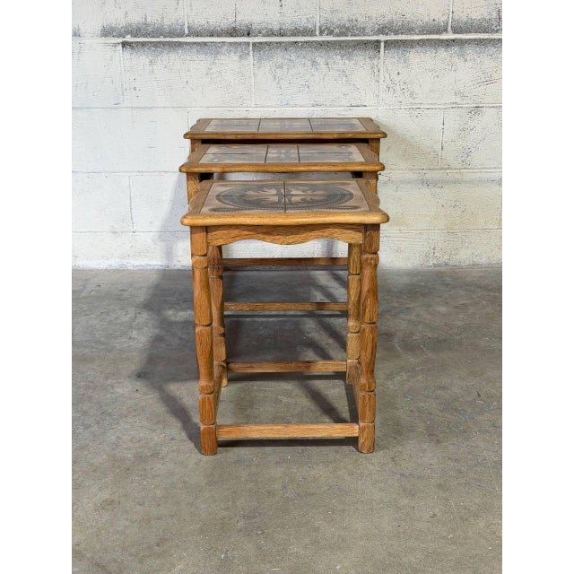 Oak Ceramic Tile-Top Nesting Tables Set of 3 With Spindle Legs Traditional Vintage For Sale In Los Angeles - Image 6 of 10