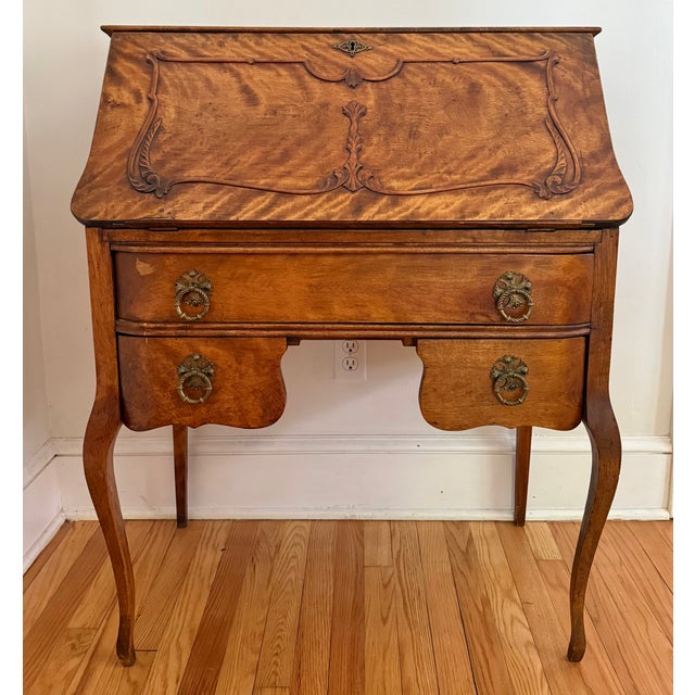 Antique French Provincial Tiger Maple Slant-Front Secretary Desk For Sale - Image 13 of 13