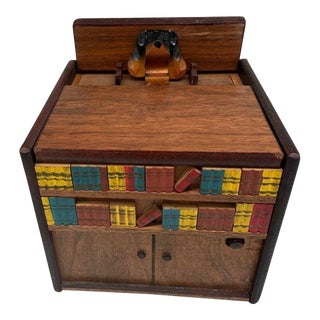 1950s Japanese Carved Wood Music Box Cigarette Dispenser With Dog For Sale
