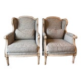 John Richard Collection "Rayna" Wingback Chair in Dusty Blue Botanical Jacquard (Set of 2) For Sale
