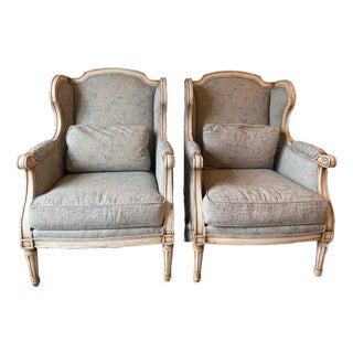 John Richard Collection "Rayna" Wingback Chair in Dusty Blue Botanical Jacquard (Set of 2) For Sale