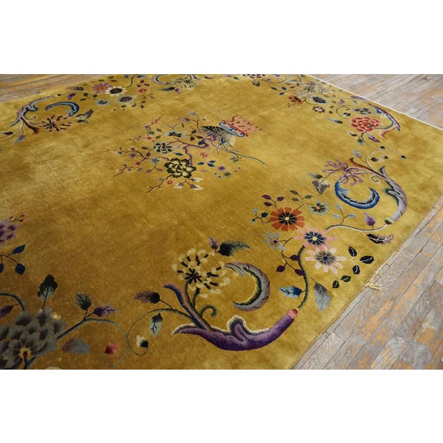 1920s Yellow Saffron Floral Vase Antique Chinese Art Deco Carpet 8'8" X 11'4" Knotted Wool Rug For Sale - Image 10 of 13