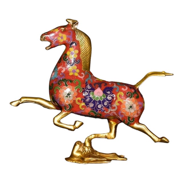 Late 19th Century Cloisonné Enamel Galloping Horse Statue on Swallow Base, 800g For Sale