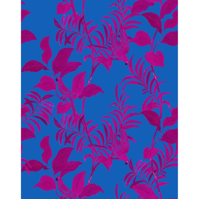 Art Deco Tropical Birds Wallpaper by Paule Marrot in Magenta and Blue For Sale - Image 3 of 3