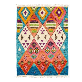 Modern Moroccan Style Handmade Multicolor Tribal Blue Boho Wool Rug For Sale