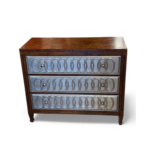 Transitional style 3-drawer chest with silvered drawer fronts and burl veneers you can use as a hall chest or in a luxe...