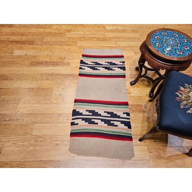 American Vintage Native American Navajo Area Rug, Handwoven Wool, Stripe Pattern,Ivory & Red, 2x4 For Sale - Image 3 of 16
