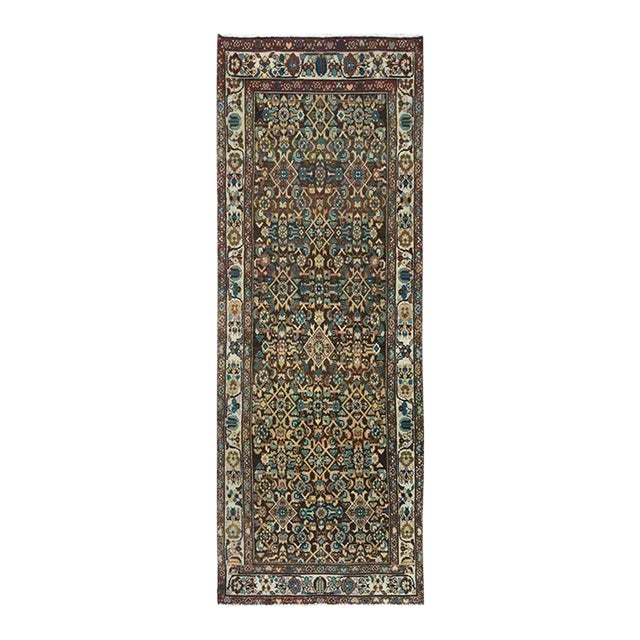 1960s Chocolate Brown, Wool Hand Knotted Vintage Persian Hamadan With Fish Mahi All Over Design, Distressed, Wide Runner Rug For Sale