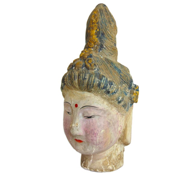 Wood Antique Hand Painted Hand Carved Polychrome Chinese Quan Yin Head 10"h For Sale - Image 7 of 8