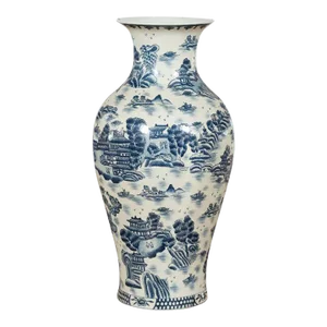 Vintage Chinese Blue & White Porcelain Vase with Landscapes & Architectures