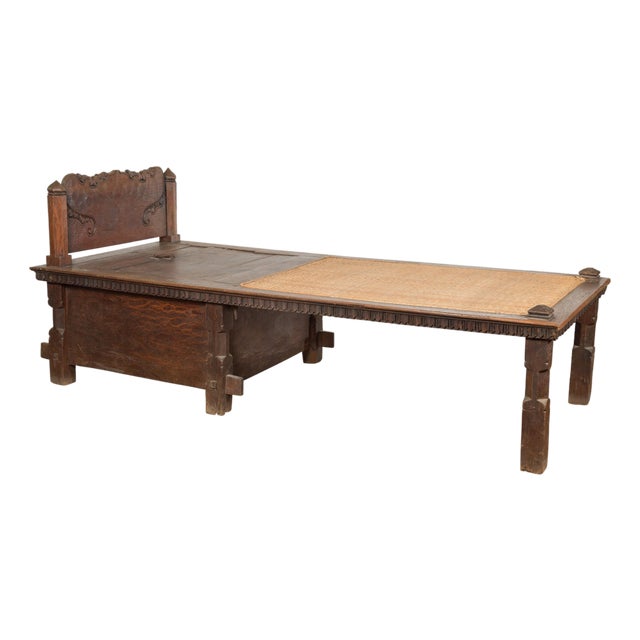Javanese 19th Century Teak Wood Daybed with Storage and Hand Woven Rattan For Sale