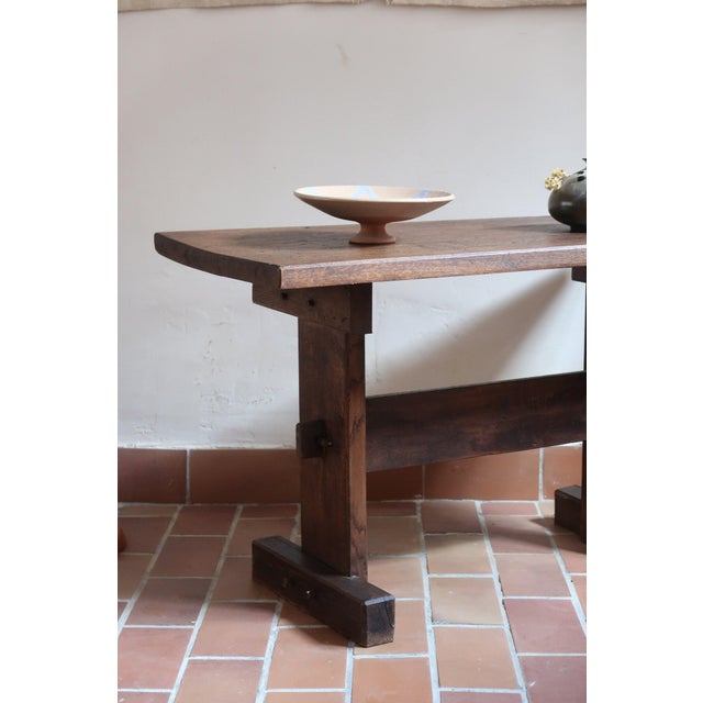 Oak Side Table with Pegged Trestle Base, France, 1950s For Sale - Image 10 of 12