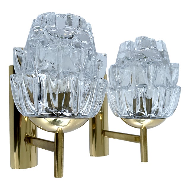 Vintage Glass and Brass Sconces, 1970, Set of 2 For Sale