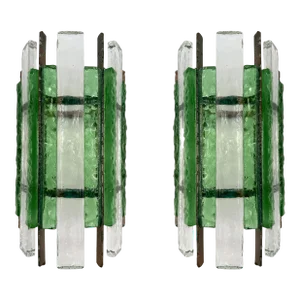 Pair of Hammered Glass Wrought Iron Sconces by Longobard, Italy, 1970s