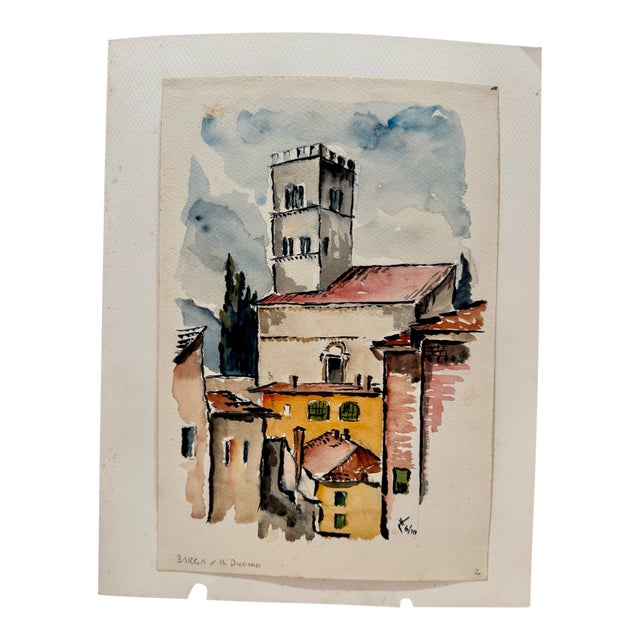 Henry Emil Salloch Original Watercolor on Paper Il Duomo, Barga Italy. 1970. For Sale
