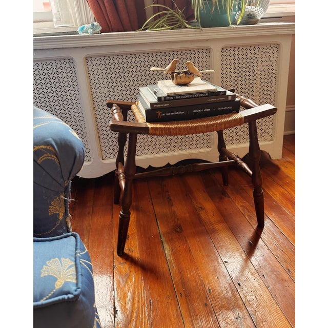 Coffee Early 20th Century Curved Woven Rush Seat Primitive Wood Bench For Sale - Image 8 of 8