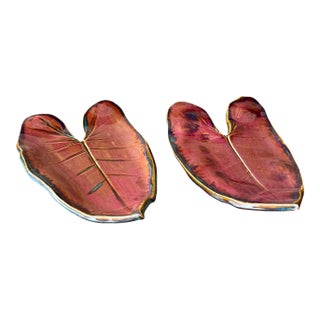 Pair of Contemporary Studio Pottery Leaf Form Trays Signed 2017 For Sale