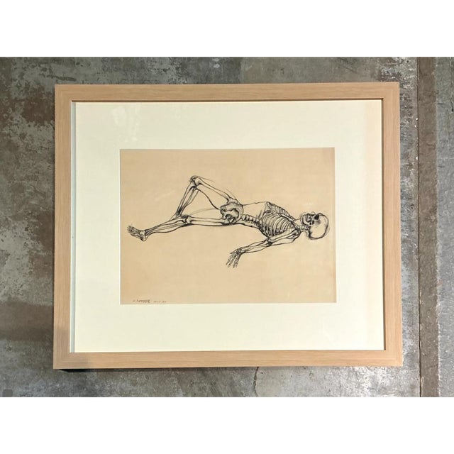Late 20th Century Vintage Framed Reclining Skeleton Study on Paper For Sale - Image 5 of 12