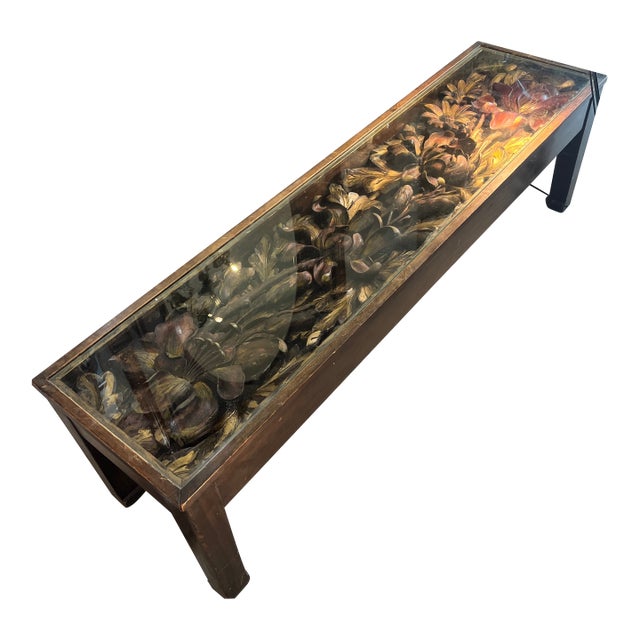 Mid 20th Century Carved Wood Flowers in Glass Top Table For Sale