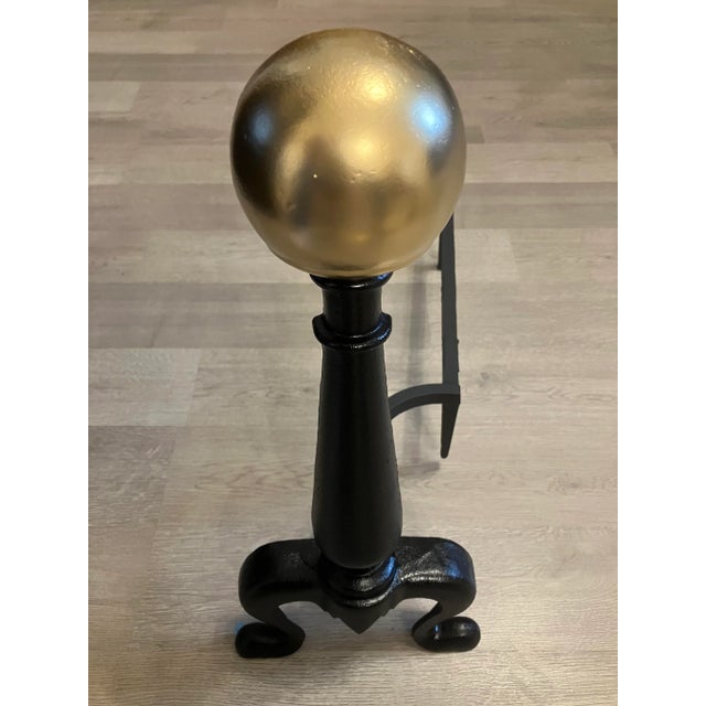 Pair of Vintage Cast Iron Andirons With Brass Colored Balls For Sale - Image 4 of 8