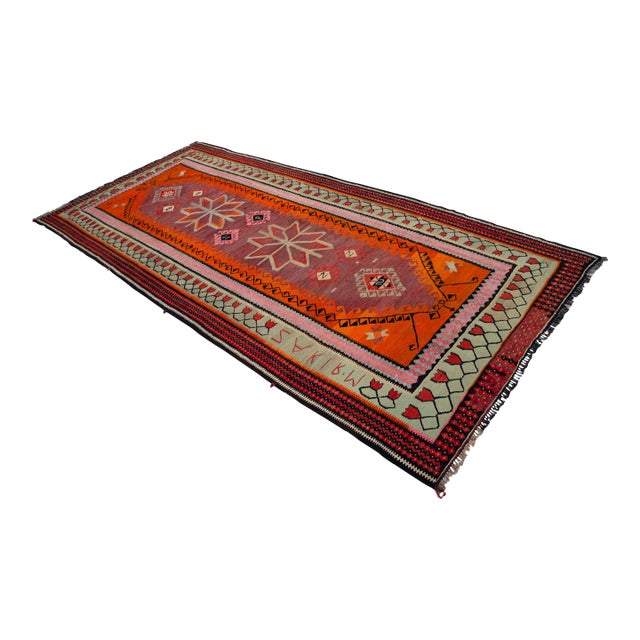 Authentic Turkish Kilim, Vintage Orange Hallway Runner, Tribal Rug, Handwoven Wool Tapestry, Mid Century Modern Floor Decor - 5′3″ X 11′5″ For Sale