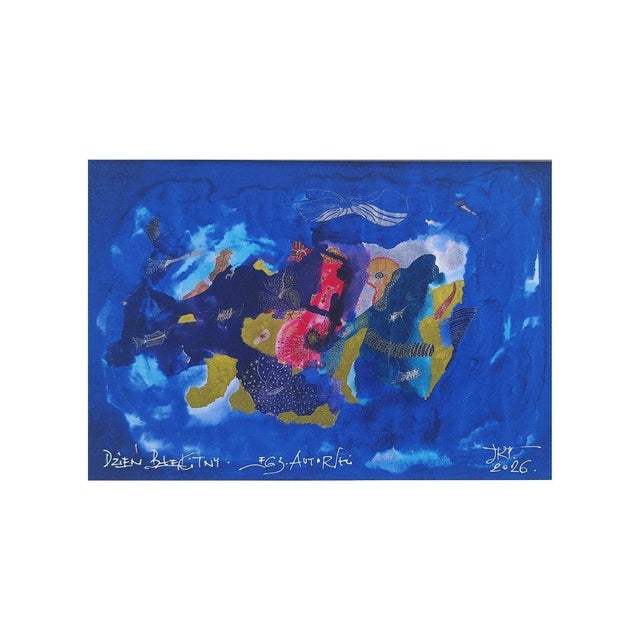 This artwork, set against a deep blue background, skillfully blends abstract shapes and vibrant colors, drawing the viewer...