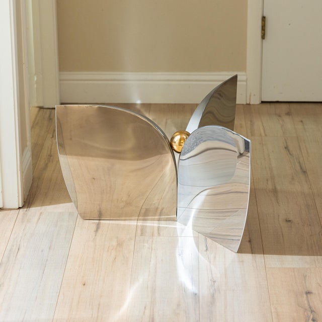 1970s Tripartite Polished Stainless Steel and Gilt-Metal Cocktail Table For Sale - Image 9 of 15